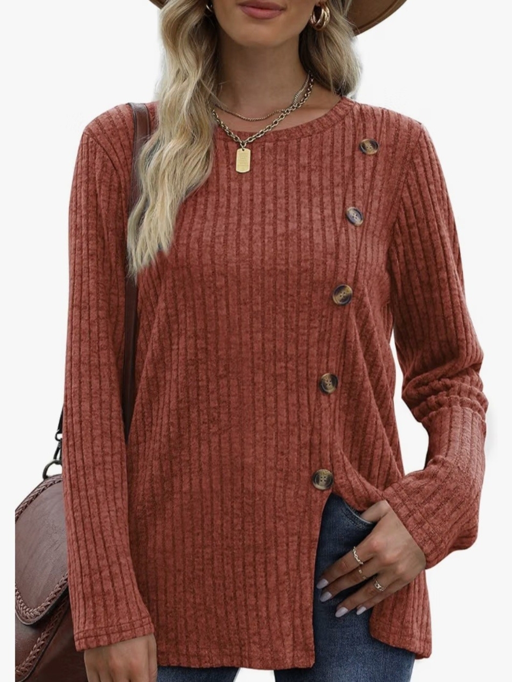 Ribbed Button-Accent Long Sleeve Sweater - Rust